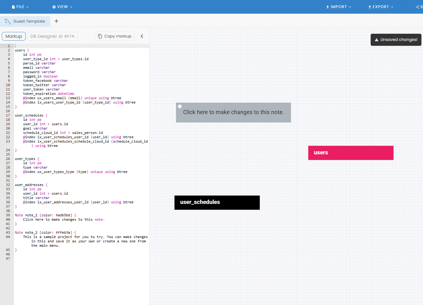 DB Designer showing a visual schema editor with drag-and-drop table columns