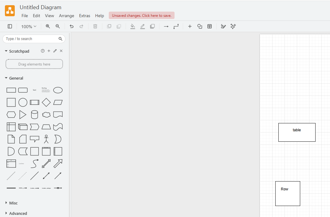 draw.io showing a conceptual entity-relationship diagram with table shapes