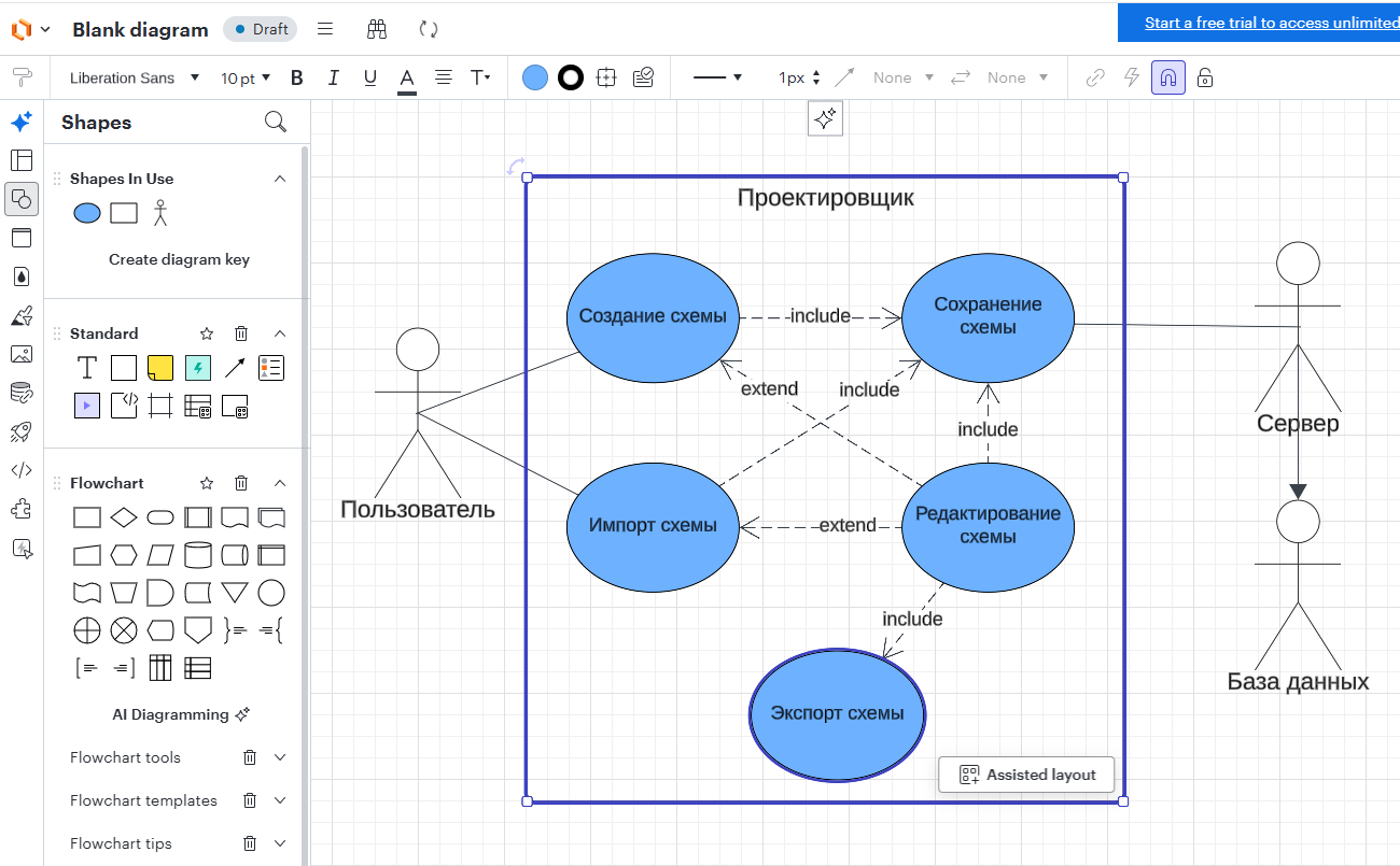 Lucidchart showing an ERD template with table shapes and relationship connectors